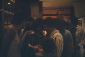 A very dark and blurry picture of the gathering outside the production office. In the foreground ( l-r): Me, George, Michael Palin, John Cleese, John Goldstone